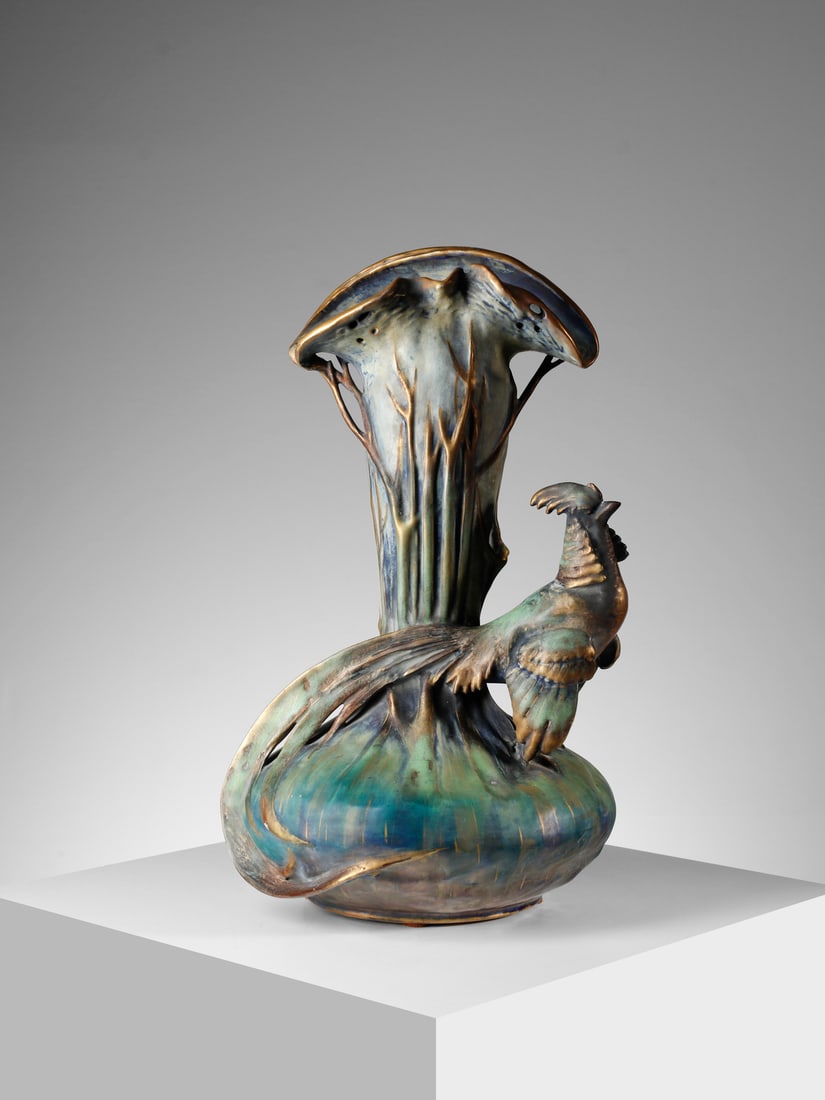EDUARD STELLMACHER Large sculpture vase decorated with a pheasant modeled in all-round and trees in (1 of 5)