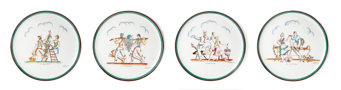 GIO PONTI Four plates depicting different scenes of the grape harvest, Richard-Ginori San Cristoforo: PONTI GIO (1891 - 1979) Four plates depicting different scenes of the grape harvest, Richard-Ginori San Cristoforo manufacture, Milan. White glazed ceramic with polychrome decorations. Cm 25,00 x 25,0