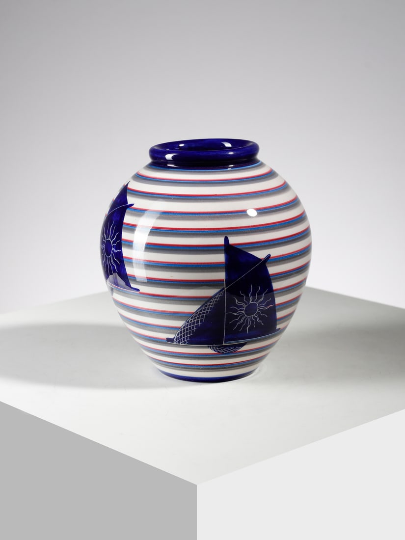 CORRADO CAGLI Marinaresca vase decorated with boats on a horizontal banded background, Rometti (1 of 3)