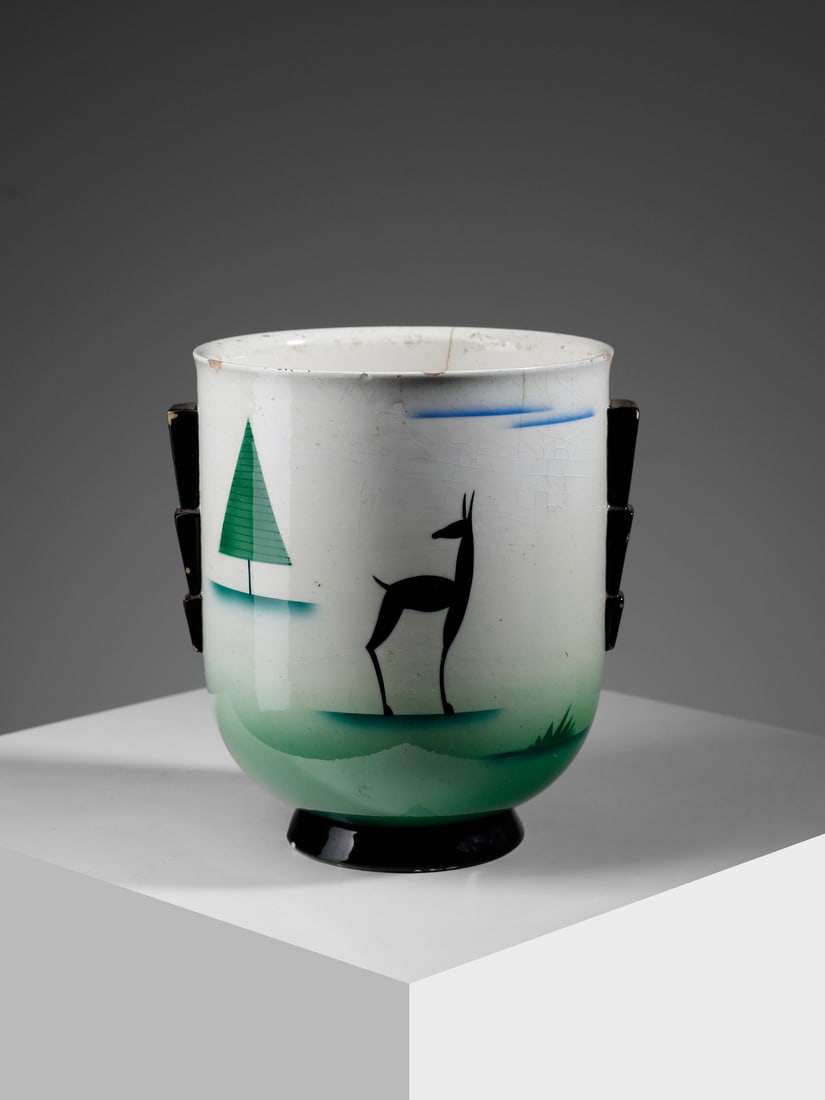 MANIFATTURA GALVANI Two-handled bell-shaped vase on a truncated cone-shaped foot decorated with an: GALVANI MANUFACTURE Two-handled bell-shaped vase on a truncated cone-shaped foot decorated with an antelope and a stylised landscape, Pordenone. White, black, green and blue underglazed ceramic with a