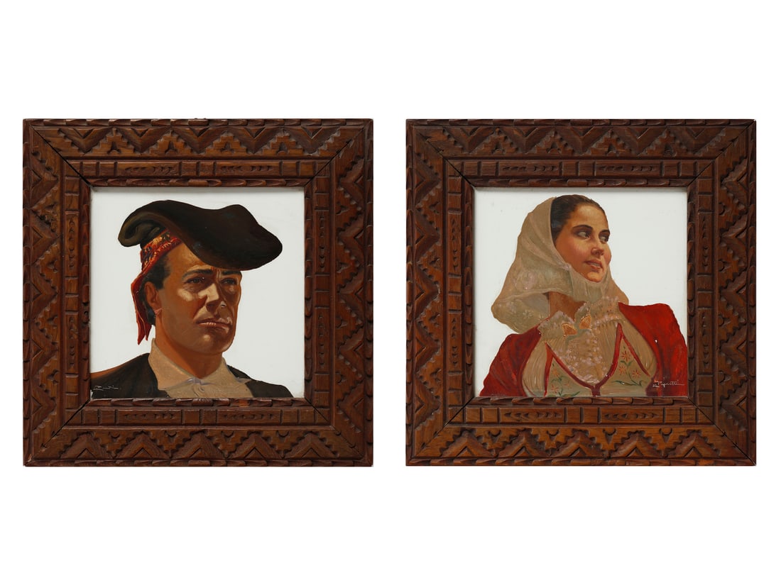 ENNIO PERROTTI Two panels depicting a man and a woman in traditional Sardinian costumes, Cooperativa: PERROTTI ENNIO (1903 - 1987) Two panels depicting a man and a woman in traditional Sardinian costumes, Cooperativa Ceramica Imola manufacture. Painted ceramics.. Cm 20,00 x 20,00. 1940s.Artist's signa
