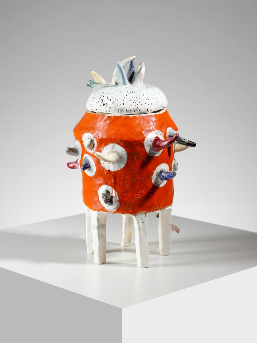 SERENO CORDANI Composter with lid decorated with abstract extroverted motifs.: CORDANI SERENO (1919 - 1985) Composter with lid decorated with abstract extroverted motifs. 1958. Polychrome glazed ceramic.. Cm 20,00 x 27,00 x 17,00. Signed anda dated under the base.