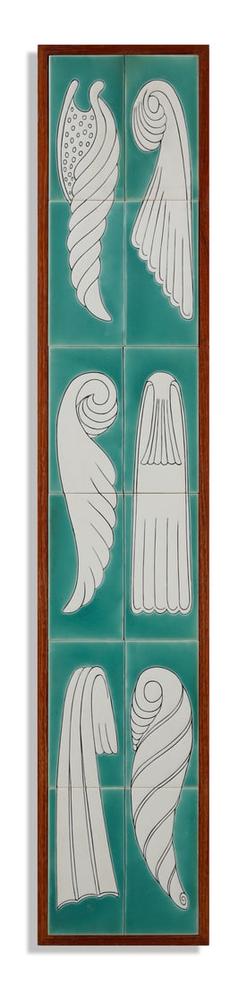 GIOVANNI GARIBOLDI Panel composed of six tiles with graffiti decorations of shells and feathers,: GARIBOLDI GIOVANNI (1908 - 1971) Panel composed of six tiles with graffiti decorations of shells and feathers, Richard-Ginori manufacture, Italy. White and aqua green glazed ceramic.. Cm 91,00 x 15,00