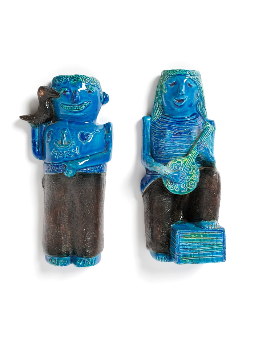 ALDO LONDI Sailor and PlayerTwo sculpture with engraved geometric decorations, Bitossi Ceramiche: LONDI ALDO (1911 - 2003) Sailor and PlayerTwo sculpture with engraved geometric decorations, Bitossi Ceramiche manufacture, Montelupo Fiorentino. 1966. Ceramic glazed in Rimini blue and manganese brow