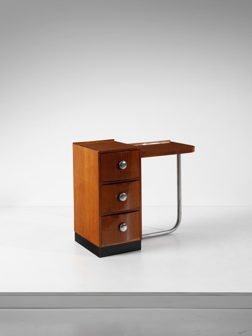 MANIFATTURA ITALIANA Small rationalist desk with three lateral drawers.: ITALIAN WORK Small rationalist desk with three lateral drawers. Wood and metal.. Cm 90,50 x 79,00 x 50,00. 1930s.