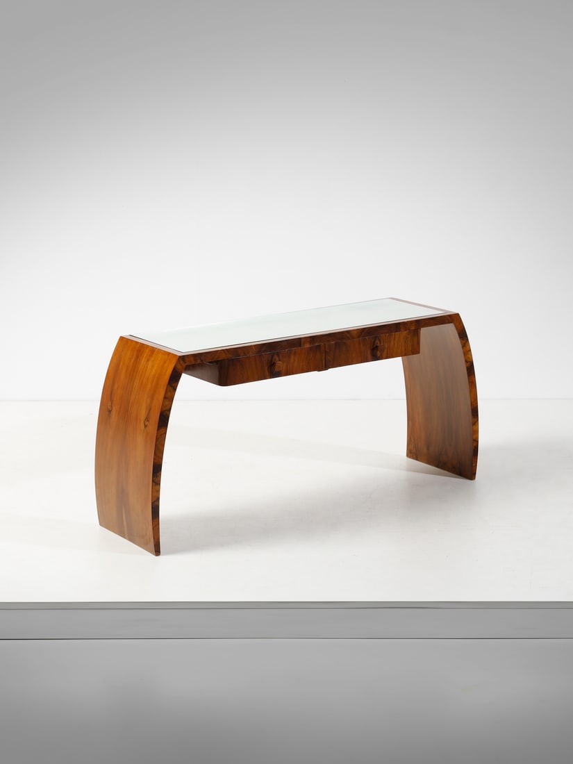 MANIFATTURA ITALIANA Console table with two drawers under the top.: ITALIAN WORK Console table with two drawers under the top. Wood and mirrored glass.. Cm 116,50 x 55,00 x 32,00. 1940s.