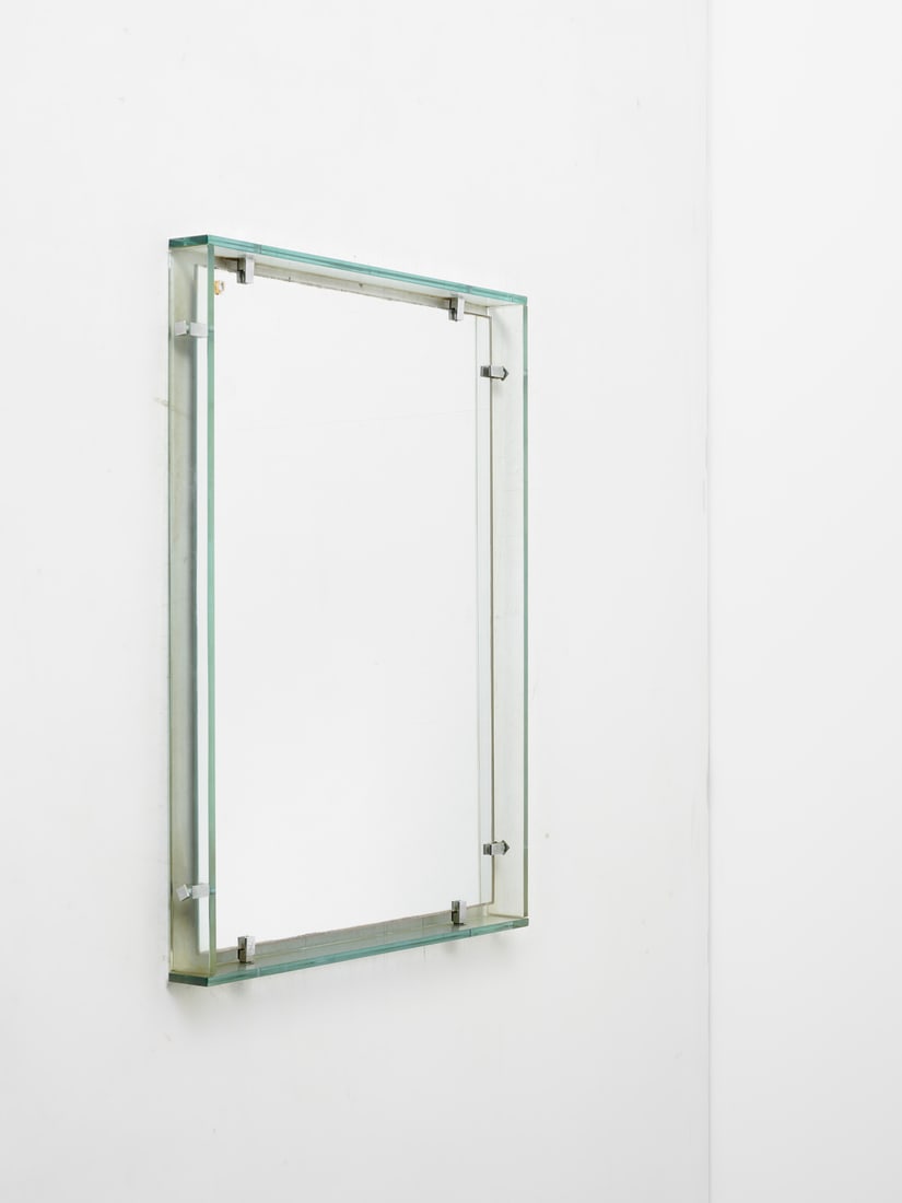 FONTANA ARTE 2014 wall mirror, Milan.: FONTANA ARTE 2014 wall mirror, Milan. 1964. Cut crystal, nickel-plated metal and mirror.. Cm 59,00 x 80,00 x 6,00. Dated on the back of the mirror.Literature:Fontana Arte nei migliori negozi, Quaderni