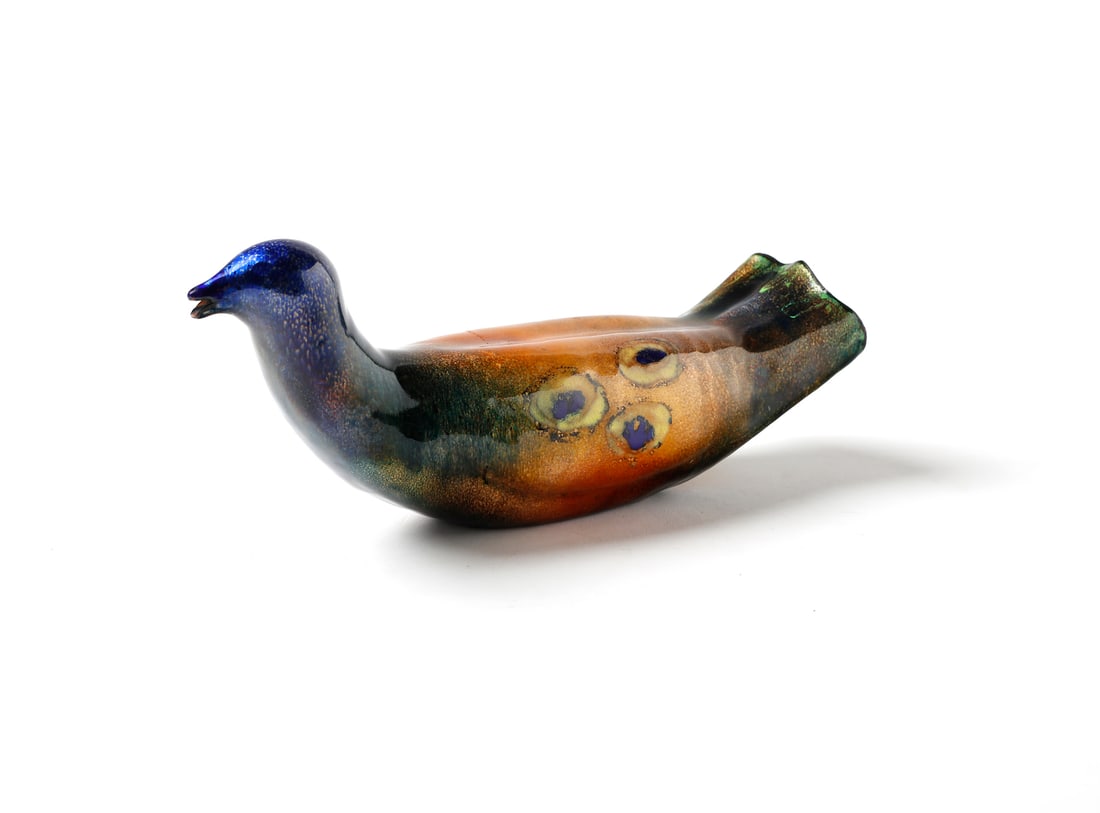 PAOLO DE POLI PigeonSculpture, Padua.: DE POLI PAOLO (1905 - 1996) PigeonSculpture, Padua. 1948. Copper enamelled in polychrome.. Cm 28,50 x 13,00 x 12,00. Signed.Catalog 1, Special objects, n. 1001.Literature: Paolo De Poli, artigiano, im