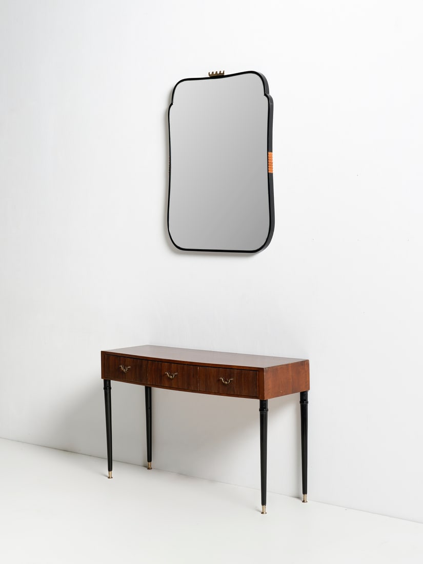 MANIFATTURA ITALIANA Console with mirror.: ITALIAN WORK Console with mirror. Wood, brass and mirror.. . 1950s.Dimensions: console 75 x 121 x 38 cm; mirror 100 x 78 cm