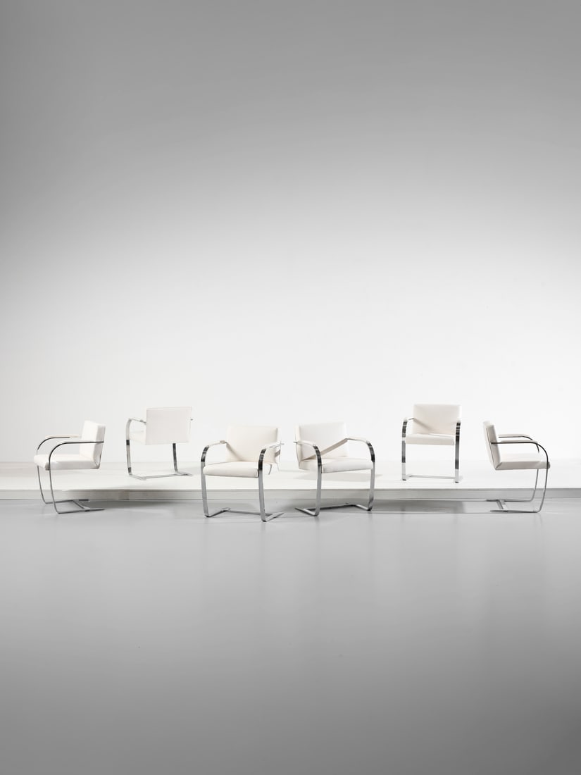 LUDWIG MIES VAN DER ROHE Six Brno armchairs for Knoll, USA.: MIES VAN DER ROHE LUDWIG (1886 - 1969) Six Brno armchairs for Knoll, USA. Chromed steel and padded leather.. Cm 59,00 x 78,00 x 58,00. Second half of the XXth century.Production label on three armchai