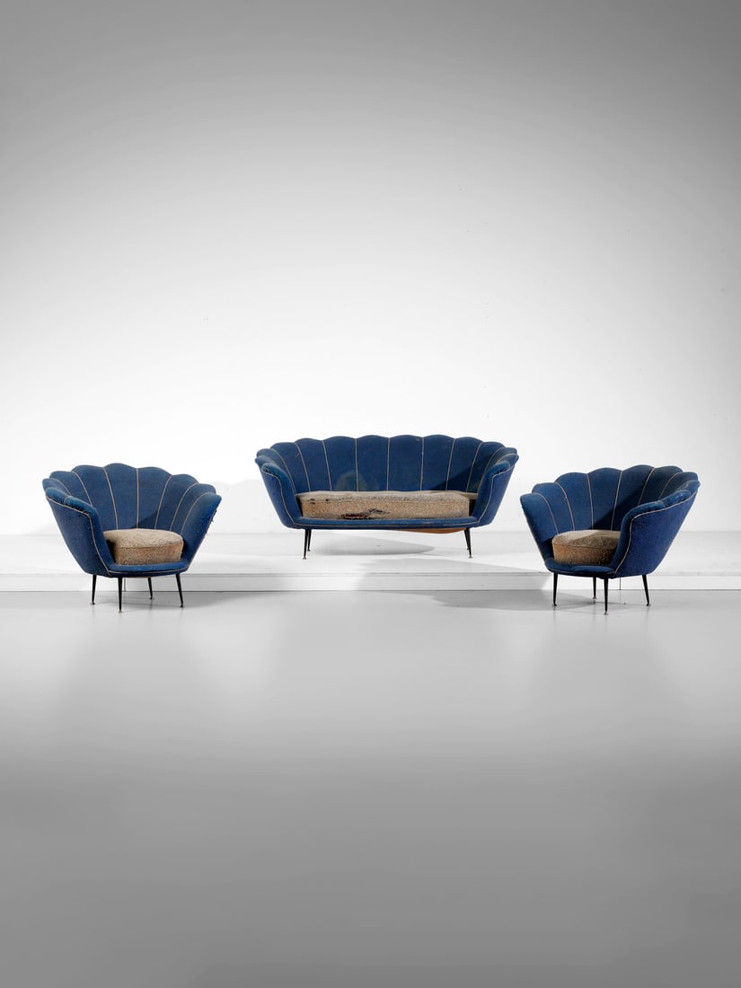 MANIFATTURA ITALIANA Sofa and armchairs.: ITALIAN WORK Sofa and armchairs. Iron, brass and padded fabric.. . 1960s.Dimensions: sofa 72 x 162 x 86 cm; armchairs 73 x 95 x 82 cm
