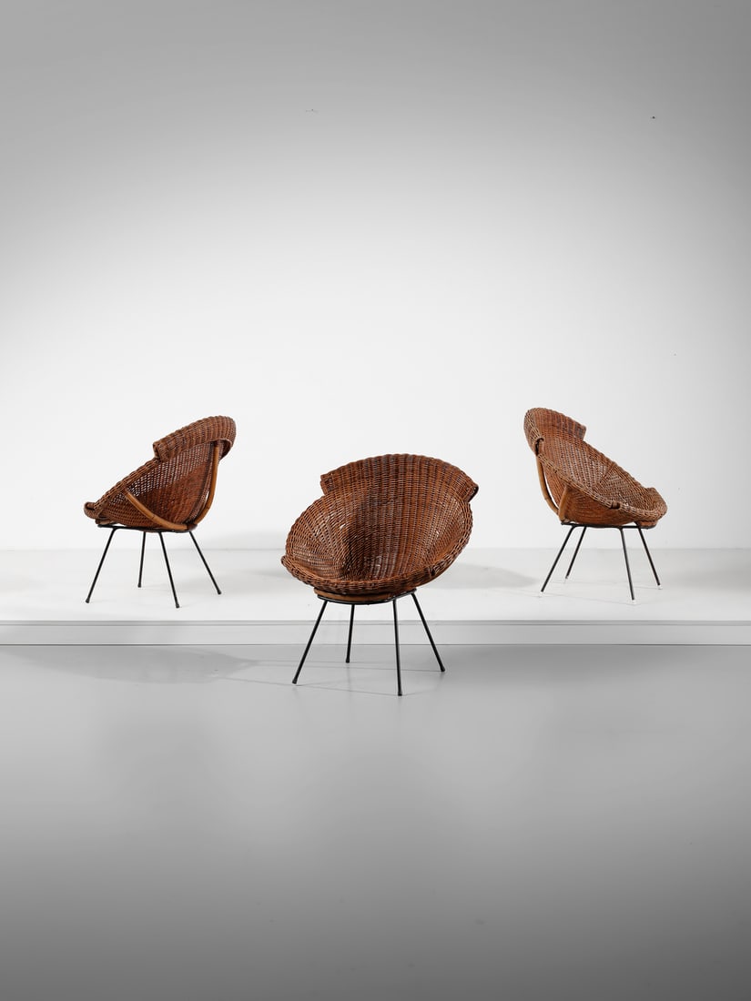 MANIFATTURA ITALIANA Three chairs.: ITALIAN WORK Three chairs. Painted iron, rush, rattan, wicker and debarked.. Cm 71,00 x 82,00 x 62,00. 1960s.