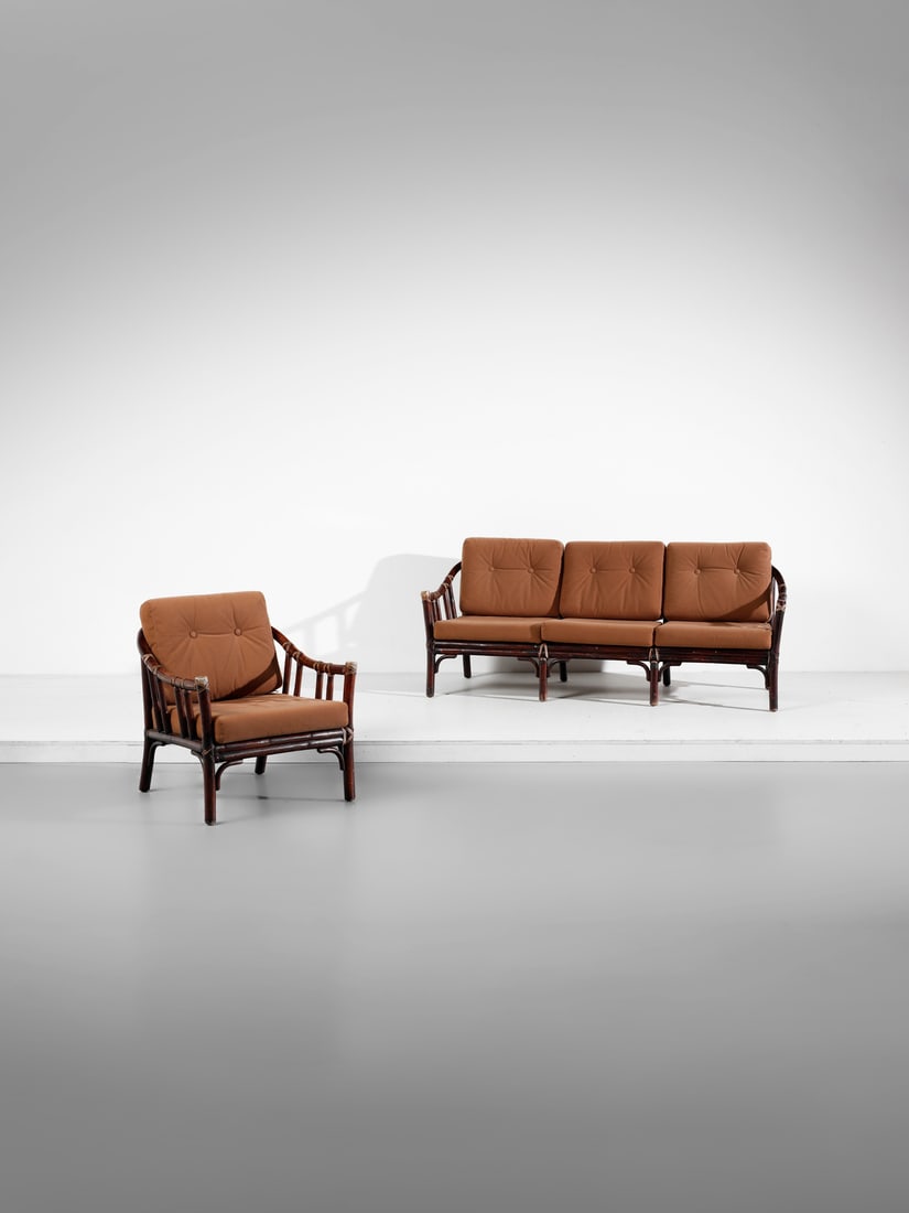JHON & ELINORE MCGUIRE Three-seater sofa and armchair, San Francisco. (1 of 2)