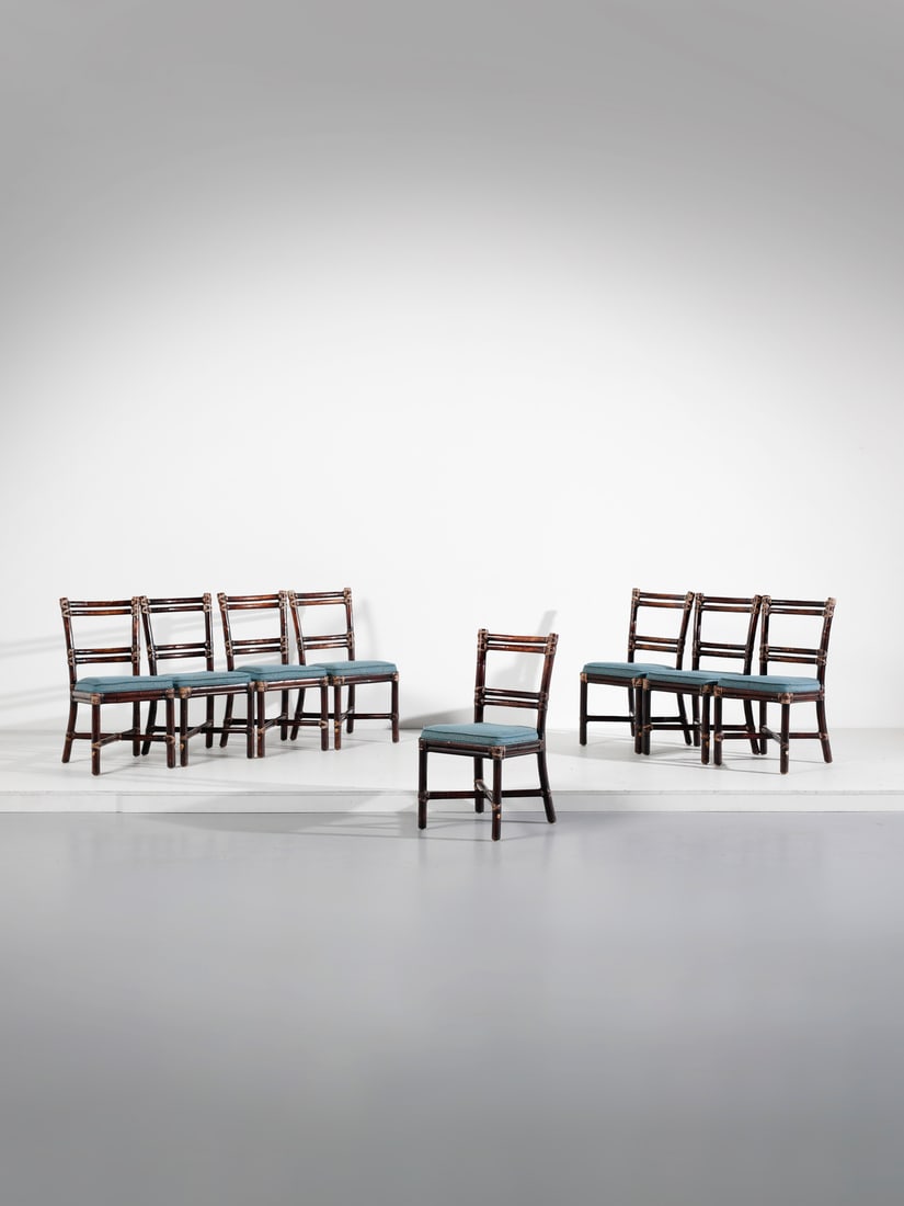 JOHN & ELINORE MCGUIRE Eight chairs, , San Francisco.: MCGUIRE JOHN & ELINORE Eight chairs, , San Francisco. Rush, rattan, leather and padded fabric.. Cm 44,00 x 86,00 x 51,00. 1970s.