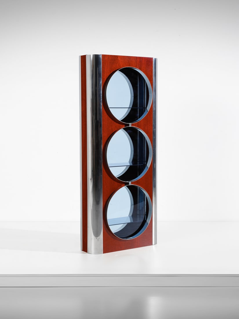 MANIFATTURA ITALIANA Display cabinet.: ITALIAN WORK Display cabinet. Wood, steel and colored glass.. Cm 75,00 x 174,00 x 34,00. 1970s.