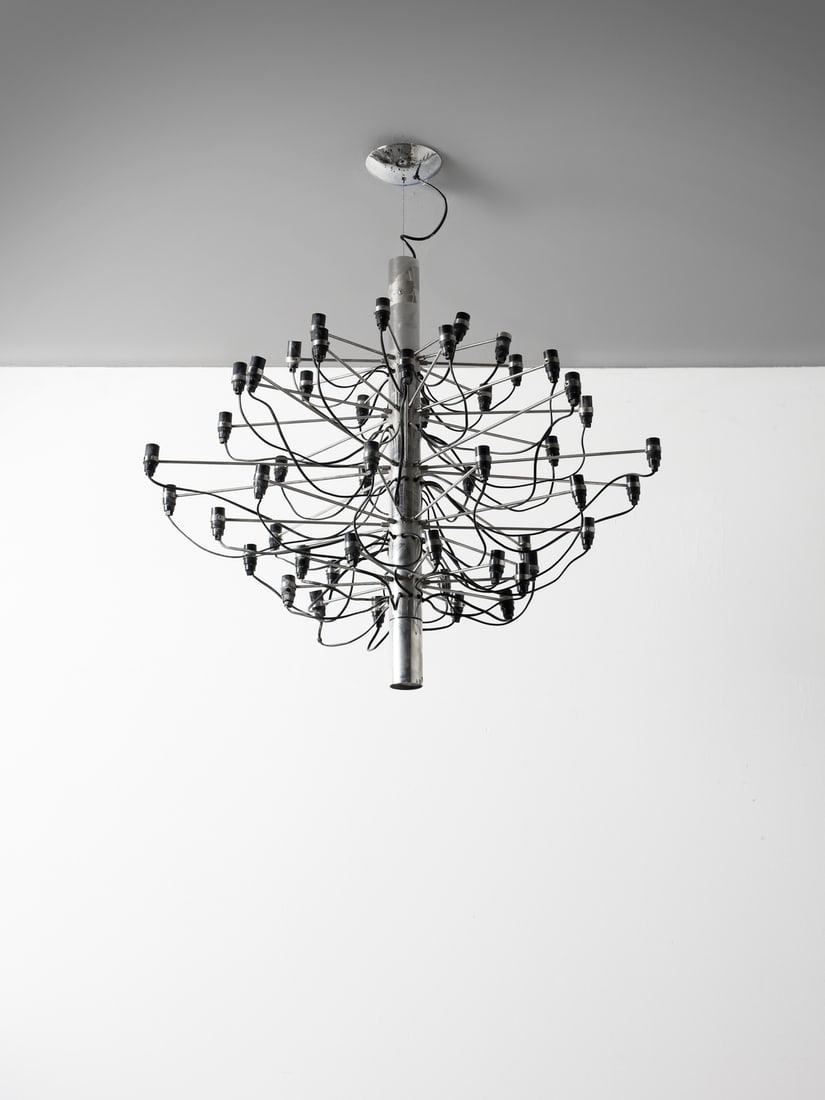 GINO SARFATTI 2097/50 pendant lamp for Flos, Milan.: SARFATTI GINO (1912 - 1985) 2097/50 pendant lamp for Flos, Milan. Chromed steel and painted metal.. Cm 100,00 x 87,00 x 100,00. Drawing from 1958, lamp from 1970s.Literature:M. Romanelli, S. Severi, G