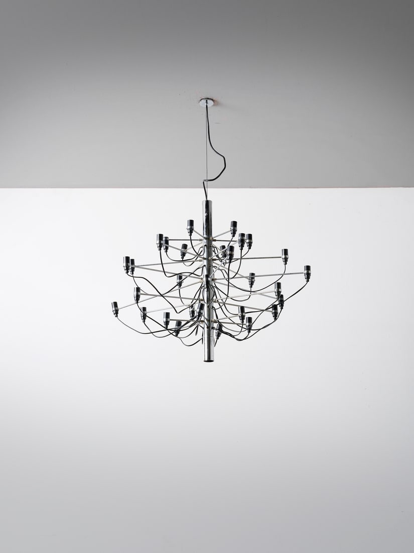 GINO SARFATTI 2097/30 pendant lamp for Flos, Milan.: SARFATTI GINO (1912 - 1985) 2097/30 pendant lamp for Flos, Milan. Chromed steel and painted metal.. Cm 88,00 x 68,00 x 88,00. Drawing from 1958, lamp from 1970s.Literature:M. Romanelli, S. Severi, Gin