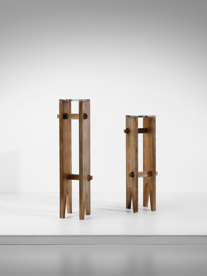 MANIFATTURA ITALIANA Two pedestals.: ITALIAN WORK Two pedestals. Wood and marble.. . 1980s.Dimensions: 117.5 x 37 x 27.5 cm; 137 x 37 x 27.5 cm
