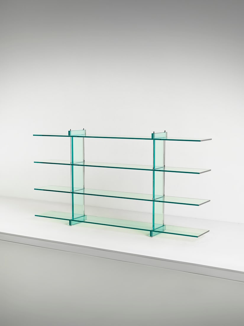 RENZO PIANO Teso bookshelf for Fontana Arte, Milano.: PIANO RENZO (n. 1937) Teso bookshelf for Fontana Arte, Milano. Steel and cut crystal.. Cm 240,00 x 126,50 x 35,00. 1980s / 1990s.