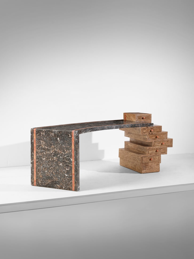 MANIFATTURA ITALIANA Desk with curved top and side drawer unit.: ITALIAN WORK Desk with curved top and side drawer unit. Wood and marble.. Cm 230,00 x 87,50 x 125,00. Second half of the XXth century.