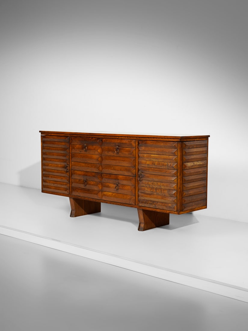 MANIFATTURA ITALIANA Sideboard.: ITALIAN WORK Sideboard. Wood, black opaline, mirror and metal.. Cm 217,50 x 102,50 x 52,00. 1950s.