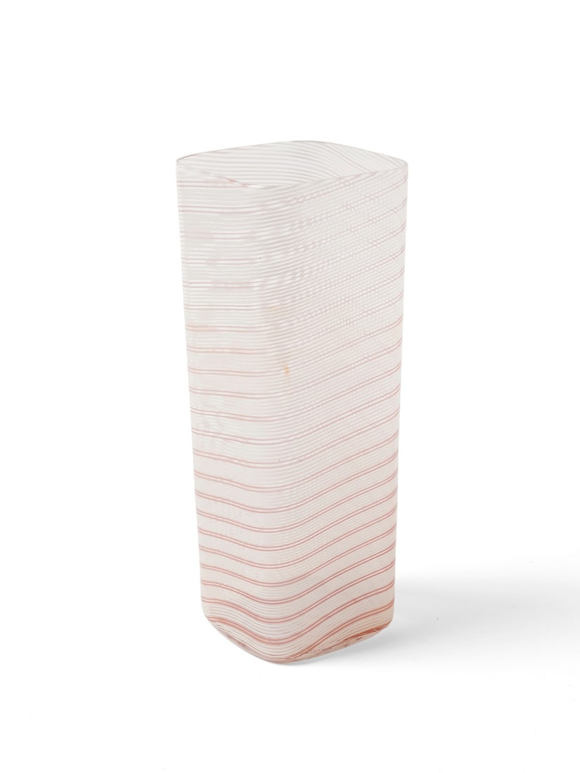 MANIFATTURA MURANESE Vase.: MURANO WORK Vase. Glass with twisted pink and milky canes.. Cm 8,00 x 21,50 x 8,00. 1970s / 1980s.