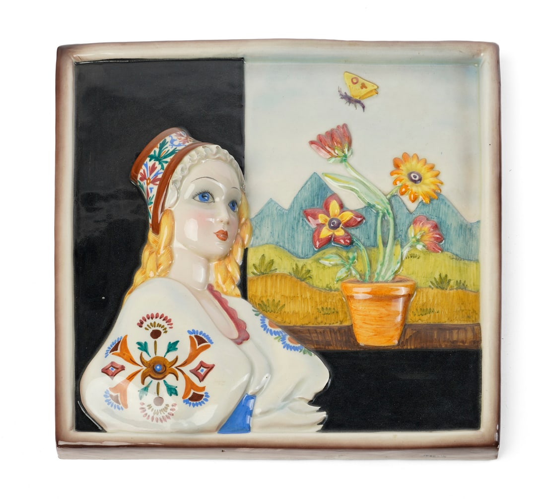 TEODORO SEBELIN Tile depicting a girl in traditional dress with a vase of flowers. (1 of 3)