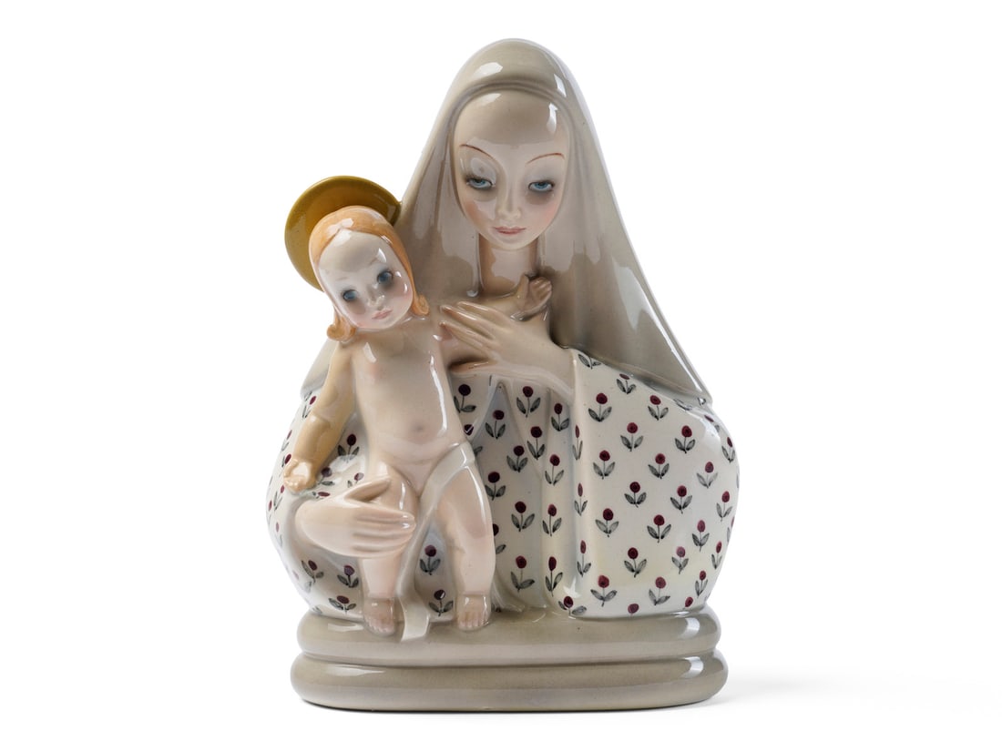 MANIFATTURA DI LENCI Madonna of the ChildrenAll-round sculpture.: MANIFATTURA DI LENCI (1919 - 1964) Madonna of the ChildrenAll-round sculpture. Polychrome underglazed ceramic... Cm 16,50 x 23,00 x 10,00. Turin, 1937. Signed and dated "Lenci MADE IN ITALY 12.37" and