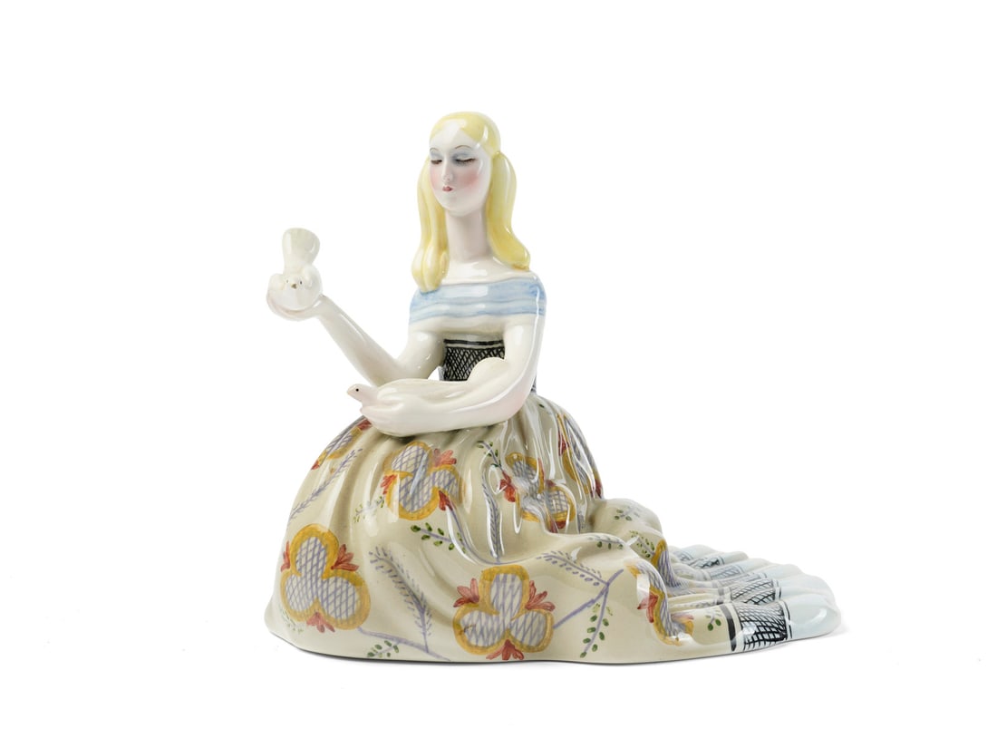 NILLO BELTRAMI Lady with doveAll-round sculpture, Lenci manufacture.: BELTRAMI NILLO (1899 - 1988) Lady with doveAll-round sculpture, Lenci manufacture. Polychrome underglazed ceramic... Cm 18,50 x 19,50 x 24,00. Turin, 1933-1934.Signed and dated "Lenci MADE IN ITALY TO
