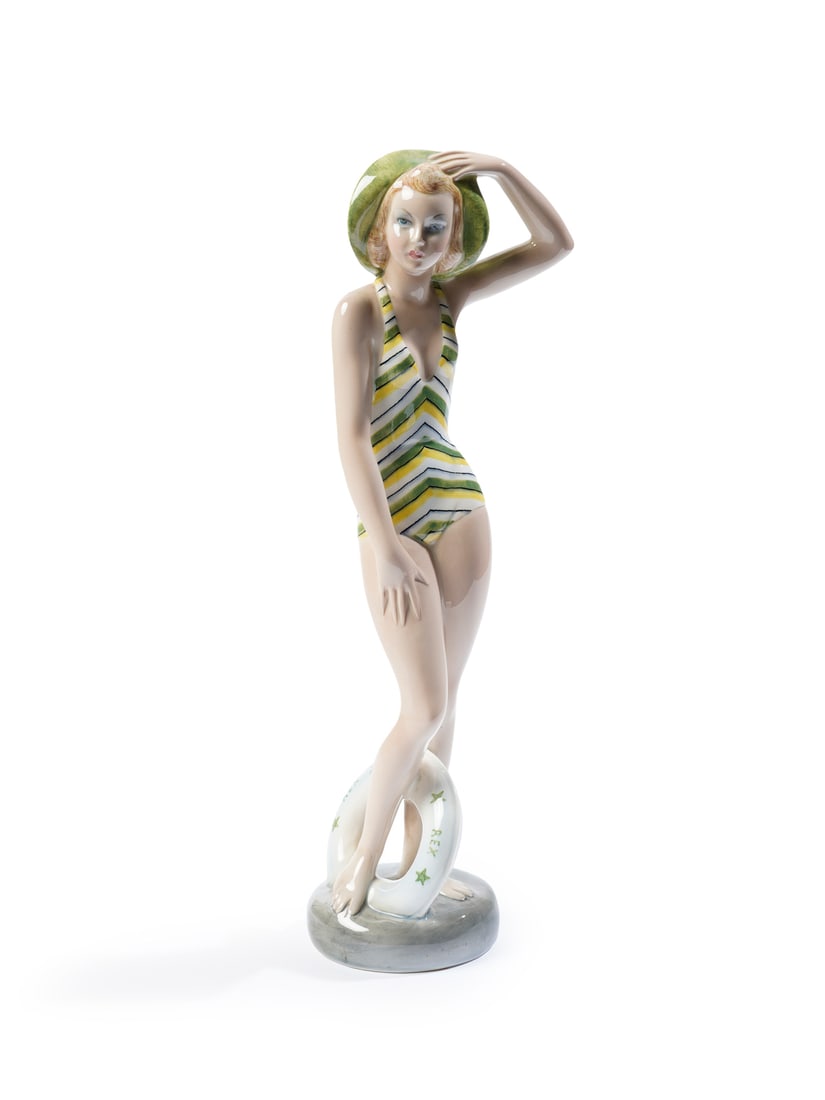 CATERINA MANNA SummerAll-round sculpture, C.I.A. Manna manufacture.: MANNA CATERINA SummerAll-round sculpture, C.I.A. Manna manufacture. Polychrome underglazed ceramic... Cm 15,00 x 41,50 x 10,50. Turin, 1940s / 1950s.Signed and titled "'E C.I.A. TORINO ESTATE N. 237" 