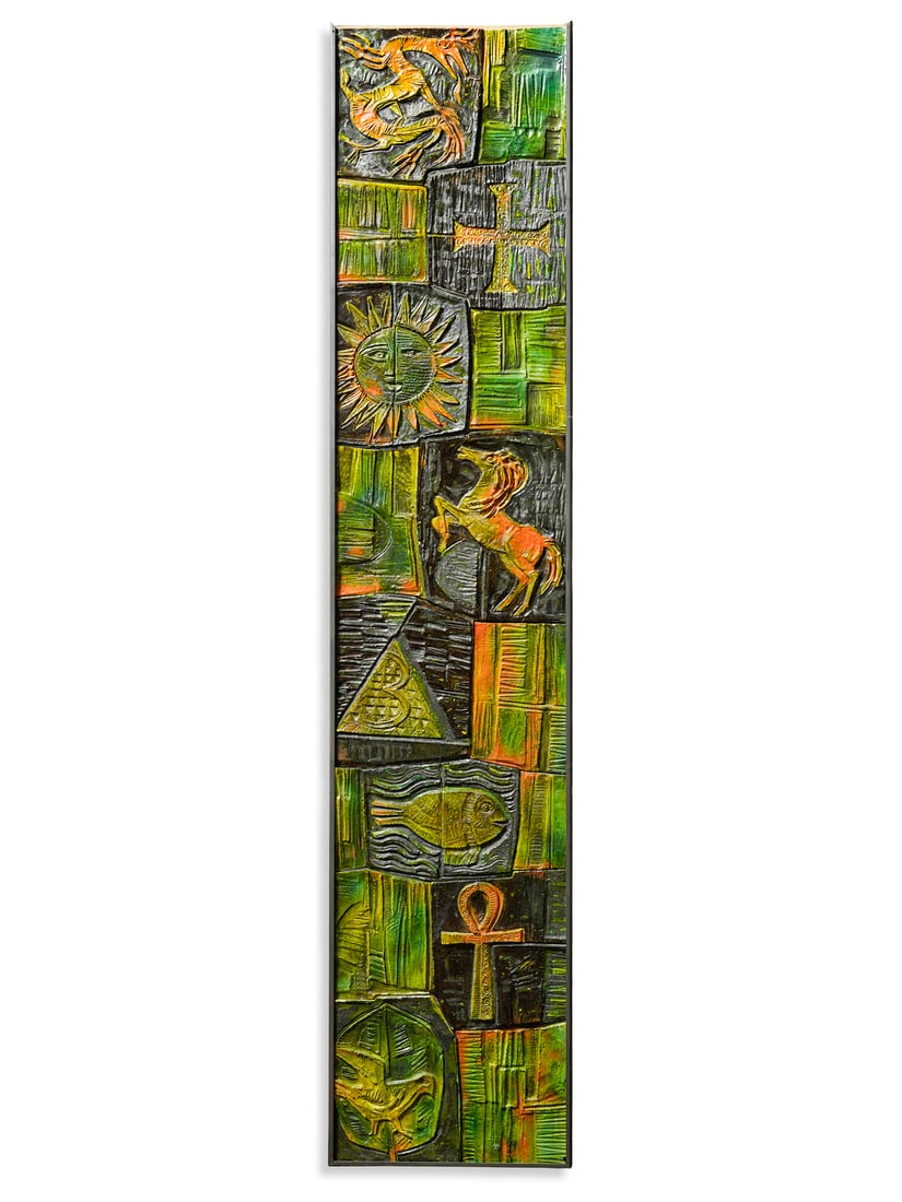 ALESSIO TASCA Large totem panel decorated in relief with zoomorphic, abstract and symbolic figures. (1 of 1)