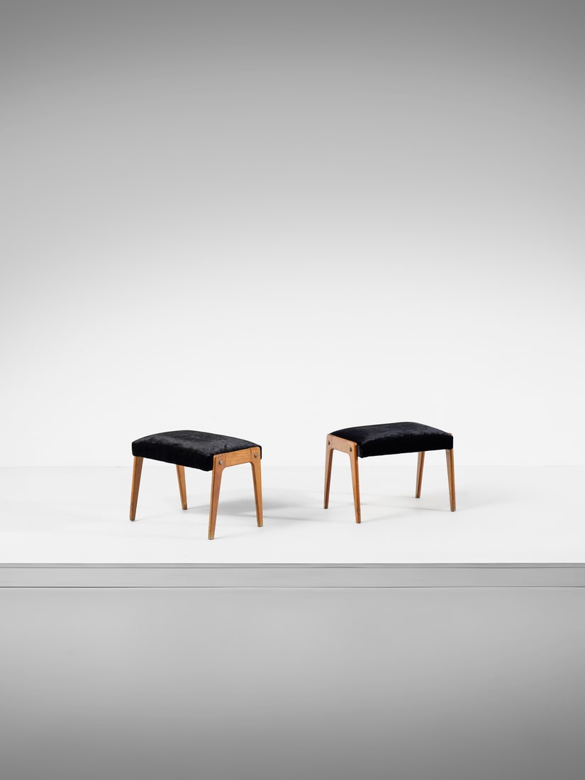 MANIFATTURA ITALIANA Pair of stools.: ITALIAN WORK Pair of stools. Wood and padding velvet.. Cm 55,00 x 38,00 x 36,00. 1950s.