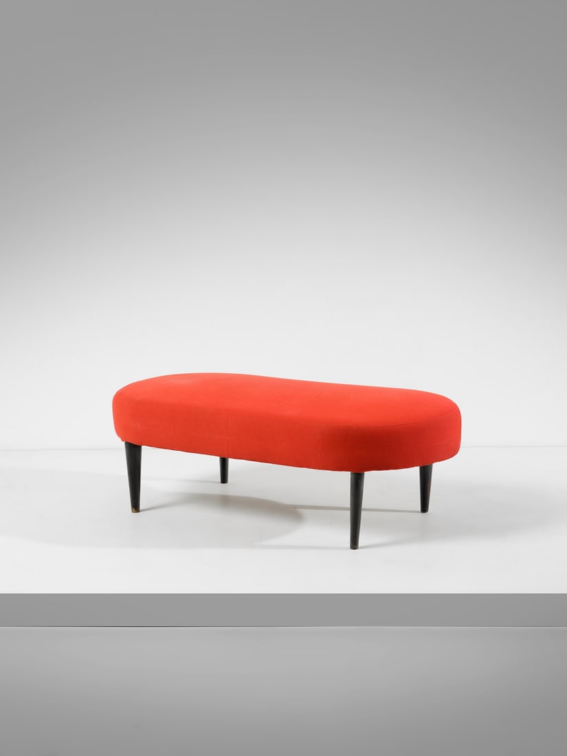 MANIFATTURA ITALIANA Bench.: ITALIAN WORK Bench. Wood and padded fabric.. Cm 135,00 x 43,00 x 68,00. 1950s.
