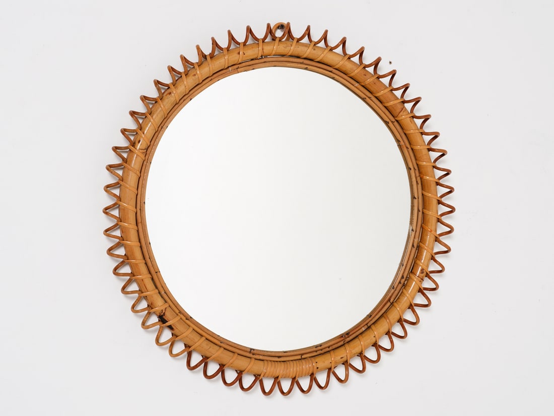 MANIFATTURA ITALIANA Wall mirror.: ITALIAN WORK Wall mirror. Rush, rattan, debarked wood and mirror.. Cm 62,00 x 62,00 x 4,00. 1960s.
