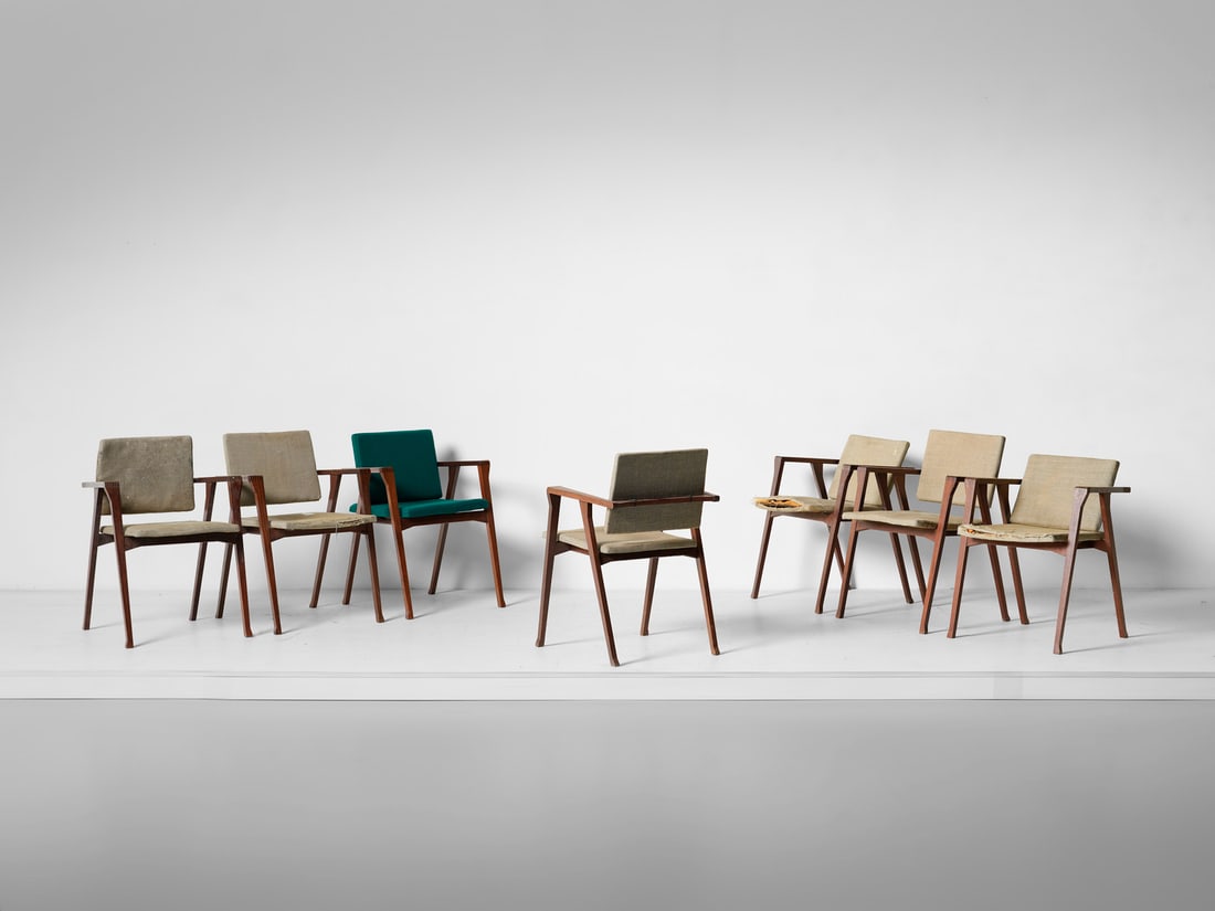 FRANCO ALBINI Seven Luisa chairs with armrests, Poggi. (1 of 2)