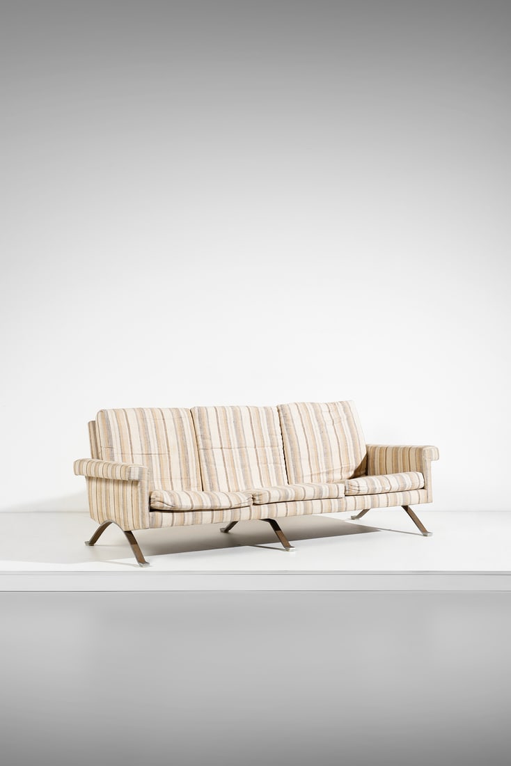ICO PARISI 875 three-seater sofa, Figli di Amedeo Cassina.: PARISI ICO (1916 - 1996) 875 three-seater sofa, Figli di Amedeo Cassina. Chromed steel, padded fabric and wood.. Cm 202,00 x 70,00 x 80,00. Meda (MB), 1960.Literature: R. Lietti, Ico Parisi. Design ca