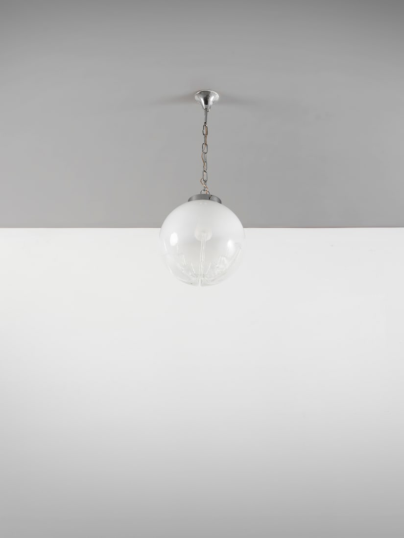 MANIFATTURA ITALIANA Pendant lamp.: ITALIAN WORK Pendant lamp. Shaded glass and chromed metal.. Cm 30,00 x 73,00 x 30,00. 1970s.