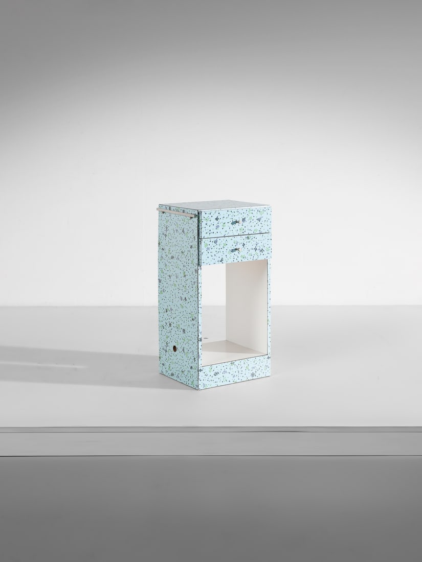 PAOLA NAVONE Chest of drawers prototype, Studio Alchimia.: NAVONE PAOLA (n. 1950) Chest of drawers prototype, Studio Alchimia. Wood, chipboard, plastic laminate and nickel-plated metal.. Cm 36,00 x 70,00 x 31,50. Italy, 1980s.