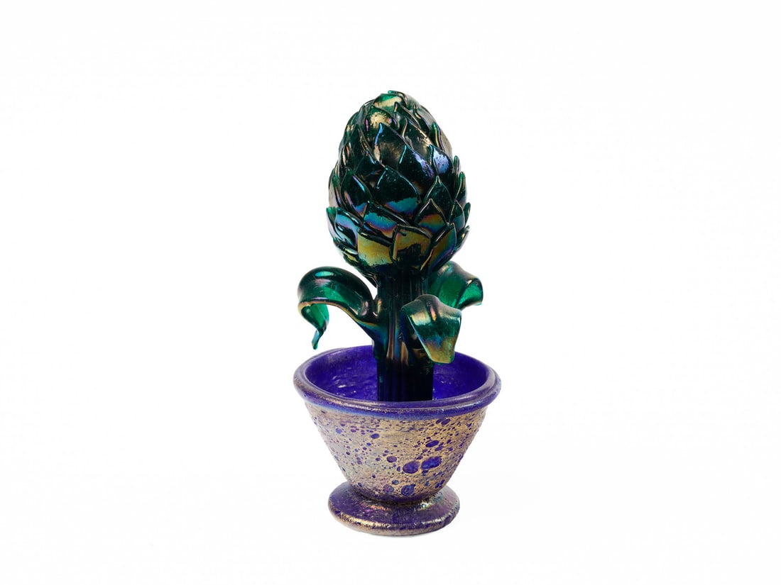 MANIFATTURA MURANESE Succulent PlantSculpture.: MURANO WORK Succulent PlantSculpture. Blue glass base with gold leaf application and strongly iridescent green glass plant.. Cm 12,50 x 24,00 x 13,00. Second half of the XXth century.