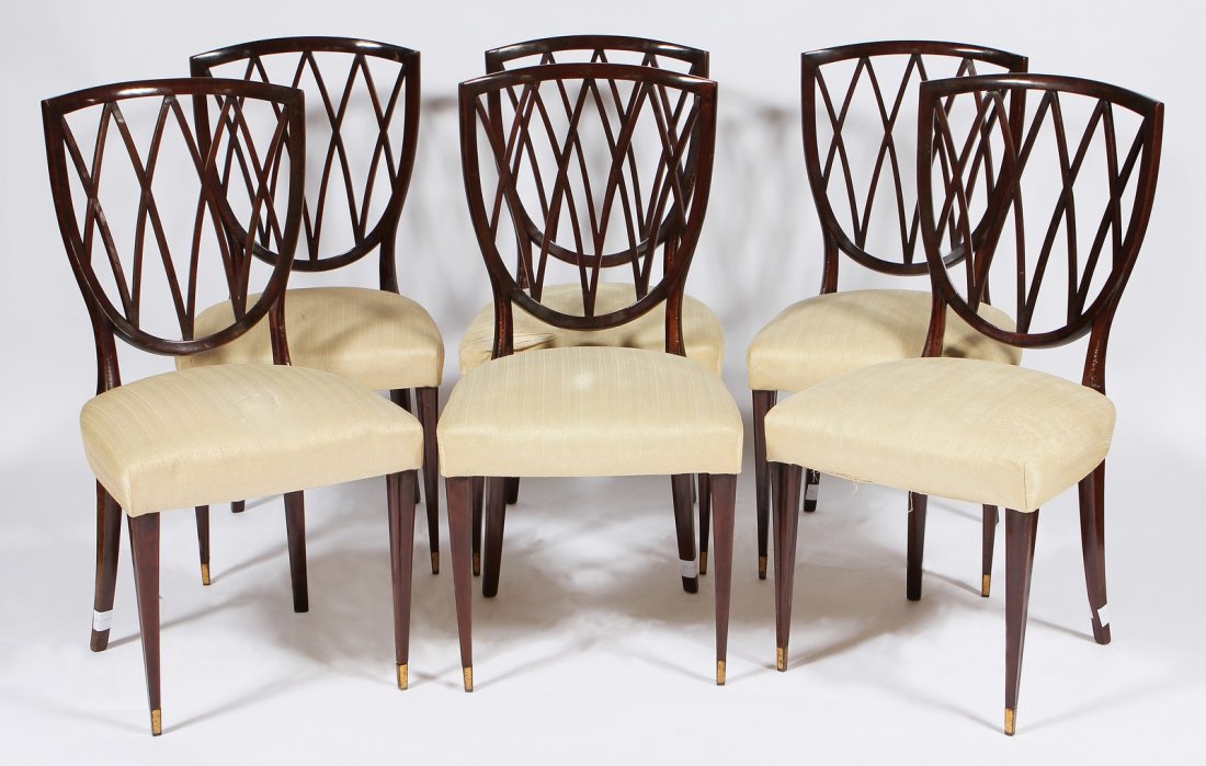 PAOLO BUFFA Sei Sedie.: BUFFA PAOLO (1903 - 1970) Sei Sedie. Legno e tessuto. Cm 45,00 x 95,00 x 47,00. Anni '30.