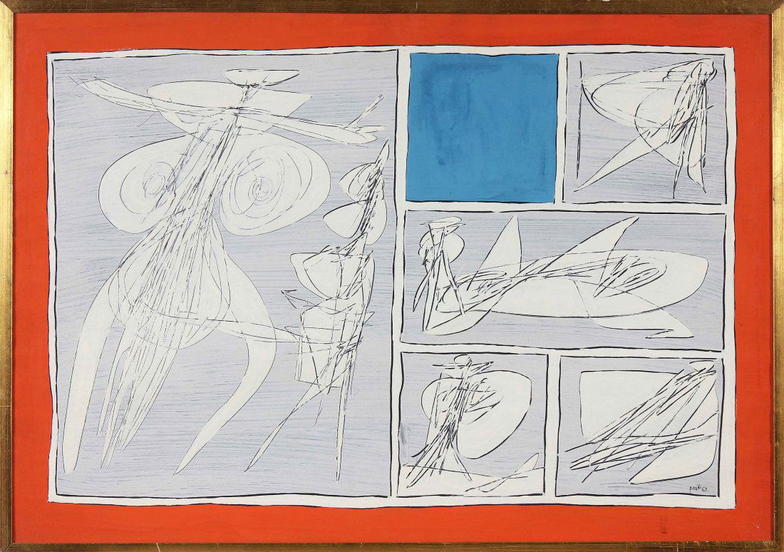 ACHILLE PERILLI Senza titolo.: PERILLI ACHILLE (n. 1927) Senza titolo. 1962. Tecnica mista su carta. Cm 100,00 x 70,00. Firma e anno in basso a destra. Al retro reca il cartiglio dello Studio Mirabello, Milano. Opera in fase di arc