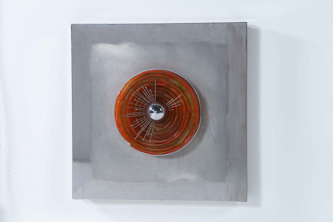 BROTTO ANGELO (1914 - 2002) For Esperia. Luminous: BROTTO ANGELO (1914 - 2002) For Esperia. Luminous sculpture panel. Polished and brushed steel and Murano glass. 80,00 x 80,00 x 12,00 cm 1971