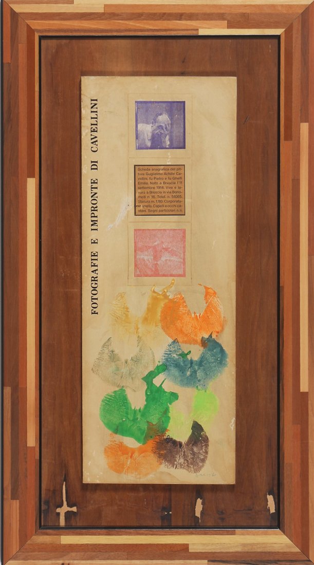 GUGLIELMO ACHILLE CAVELLINI Photographs and footprints: CAVELLINI GUGLIELMO ACHILLE (1914 - 1990) Photographs and footprints of Cavellini. Mixed nomes on board. Cm 19,00 x 51,00. Signed lower left. At the back it brings the Archivio Storico Cavellini stamp