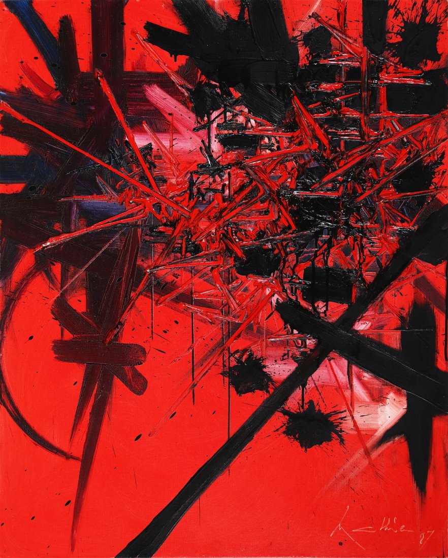 GEORGES MATHIEU Serments infinis.: MATHIEU GEORGES (1921 - 2012) Serments infinis. 1987. Oil on canvas. Cm 81,00 x 100,00. Signed and dated lower right. Galerie Semiha Huber, Zurig, label at the back. Artist's authenticity certificate