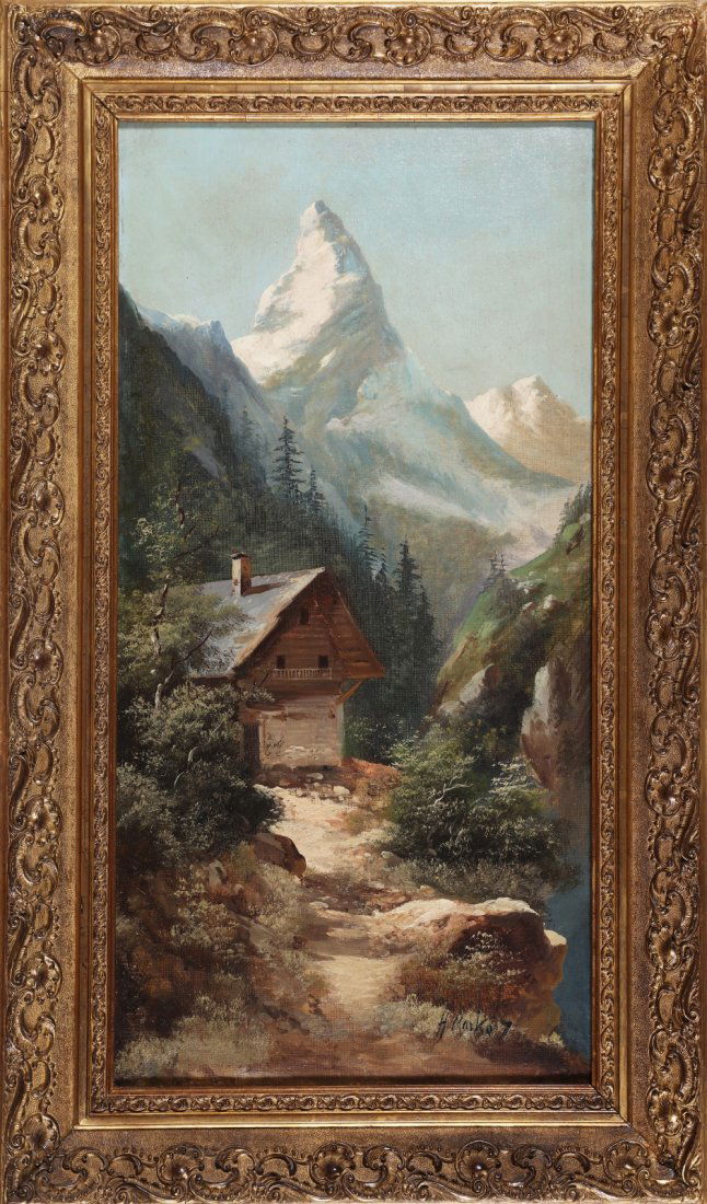 HENRI MARKO Paesaggio montano.: MARKO HENRI (1855 - 1921) Paesaggio montano. Olio su tela. Cm 35,00 x 70,00. Firma in basso a destra. Cornice presente