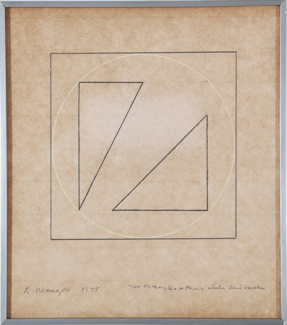 ROBERT MANGOLD Two triangles within a white line: MANGOLD ROBERT (n. 1937) Two triangles within a white line circle. 1975. Mixed media on paper pasted on board. Cm 33,00 x 26,00. Signature, year and tile lower in pencil. Studio La CittÃ , Verona, l