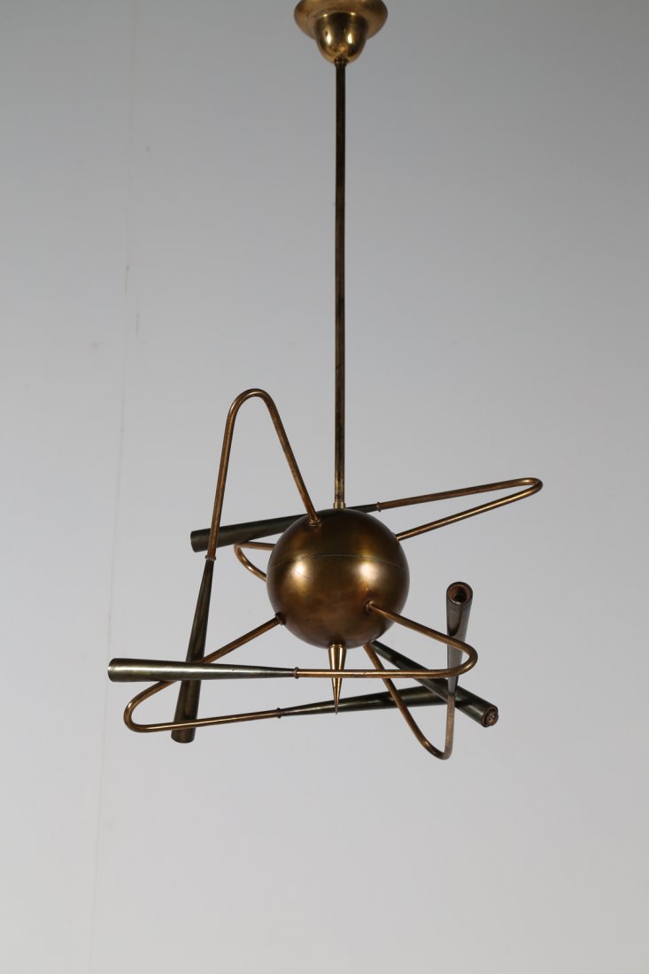 STILNOVO Chandelier in burnished brass and brass, 1960. (1 of 2)