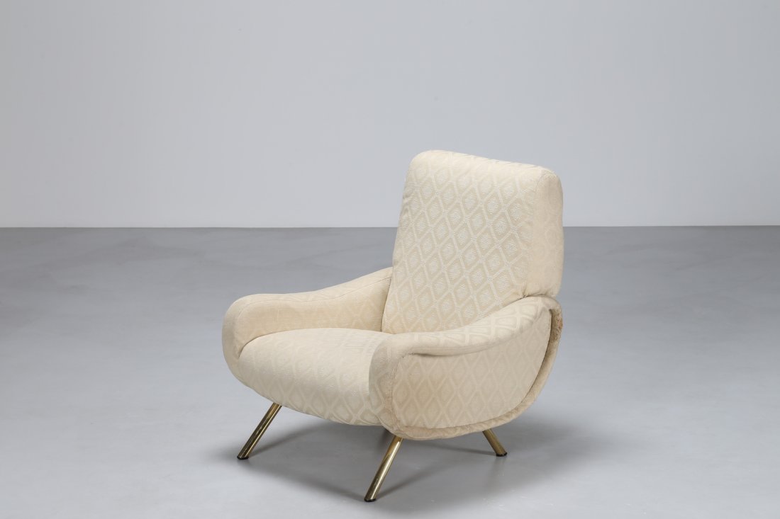 MARCO ZANUSO Armchair with tubular brass legs, fabric: ZANUSO MARCO (1916 - 2001) Armchair with tubular brass legs, fabric covered rubber padding and lining, Lady model. Made by Arflex, 1951. Bib. Domus 293 April 1954, p. 76; Gillo Dorfles, Marco Zanuso d