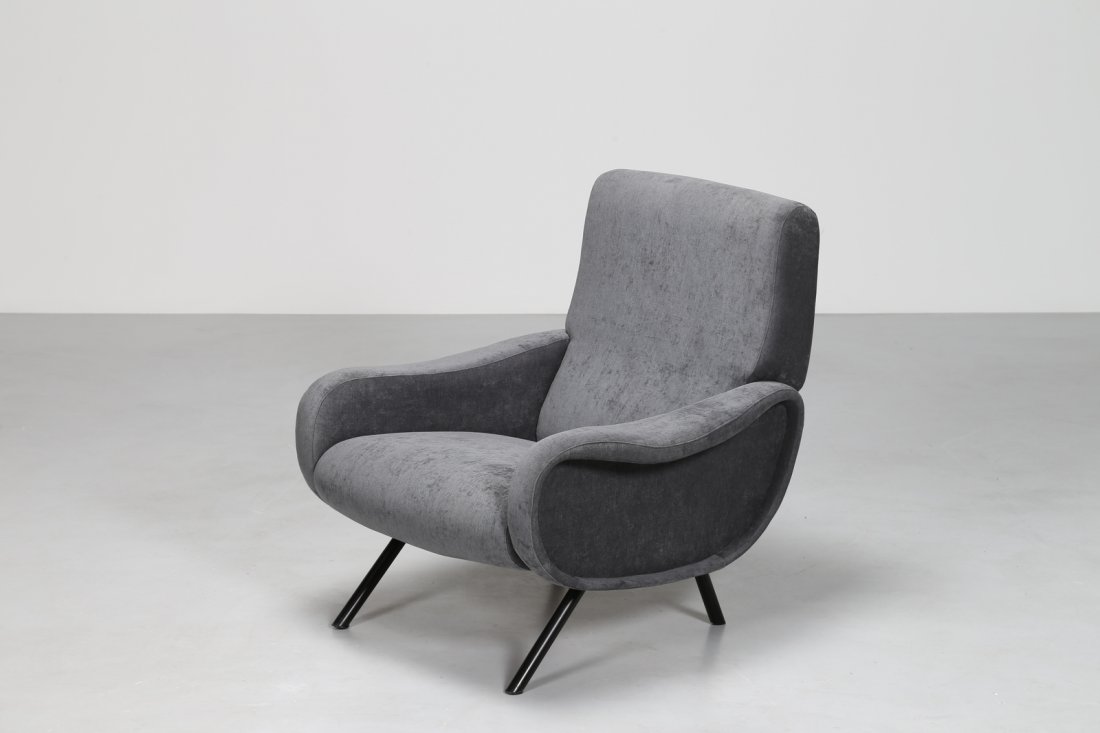 MARCO ZANUSO Armchair with tubular brass legs, fabric: ZANUSO MARCO (1916 - 2001) Armchair with tubular brass legs, fabric covered rubber padding and lining, Lady model. Made by Arflex, 1951. Bib. Domus 293 April 1954, p. 76; Gillo Dorfles, Marco Zanuso d
