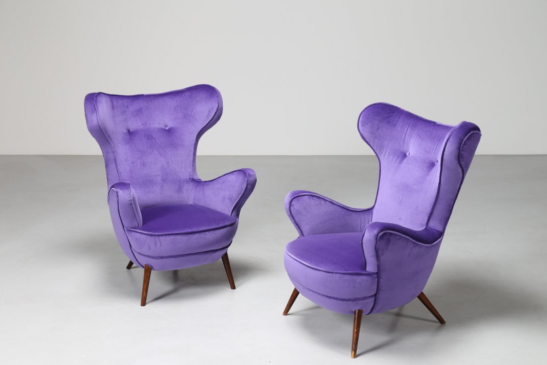 PAOLO MALCHIODI Pair of armchairs in wood and velvet, (1 of 2)